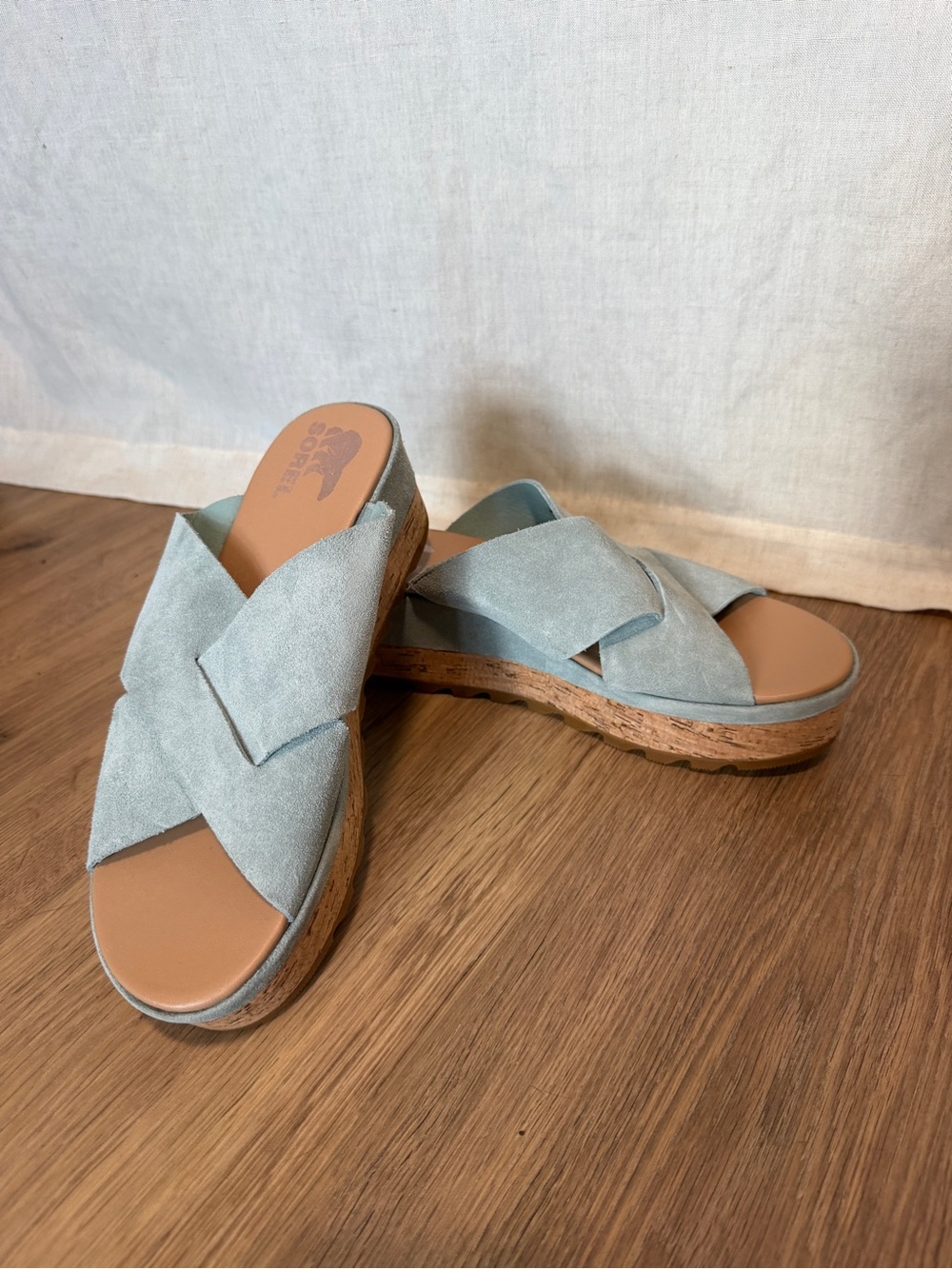 NWOB Sorel Cameron Flatform Mule size W9 crushed blue sea salt suede
